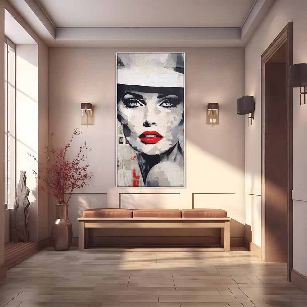 Tablou canvas cu tablou portret femeie cu buze rosii, in rama de aluminiu argintiu